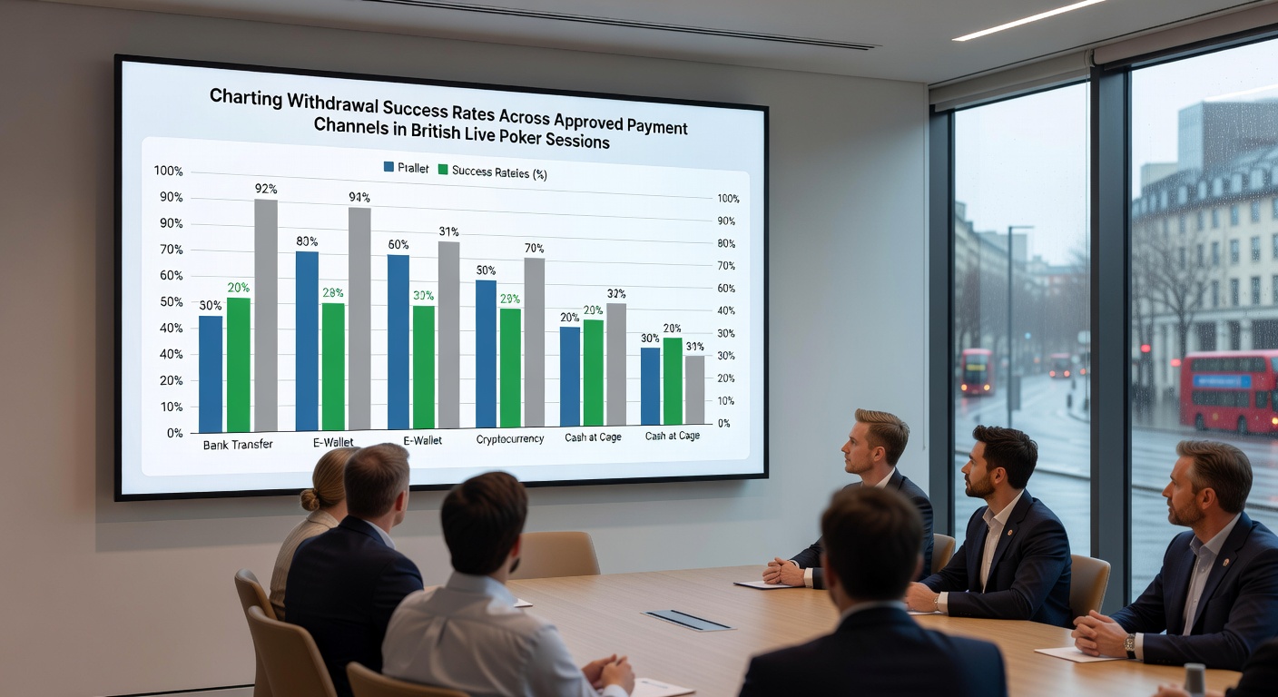 Detailed chart comparing processing times and success percentages for e-wallets, bank transfers, and prepaid cards in UK poker withdrawals
