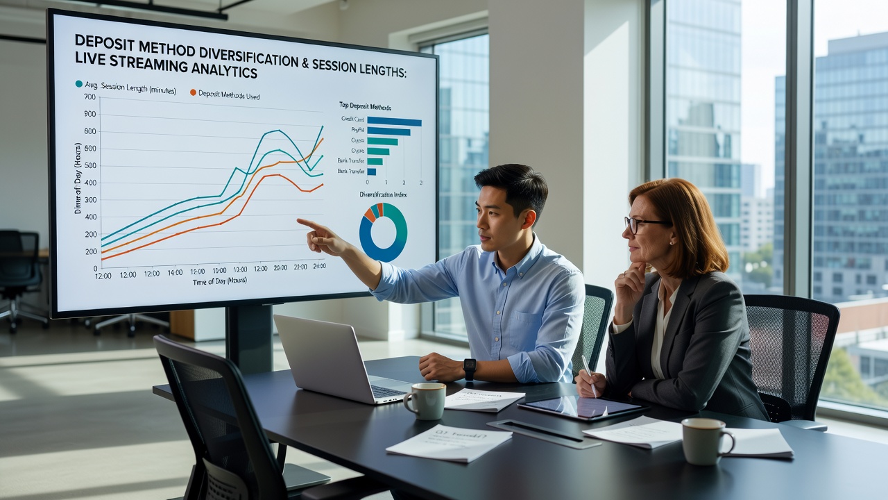 Analytics dashboard displaying deposit method usage and session duration metrics in live casino environments