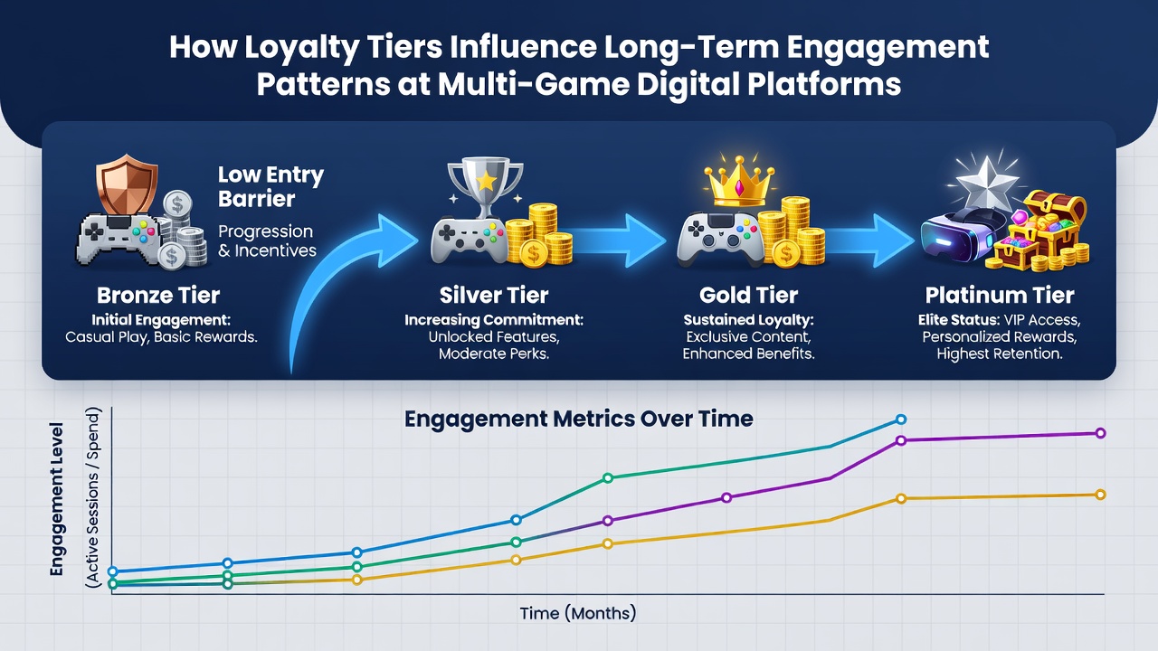 Chart displaying engagement patterns over 12 months for different loyalty tiers on multi-game platforms