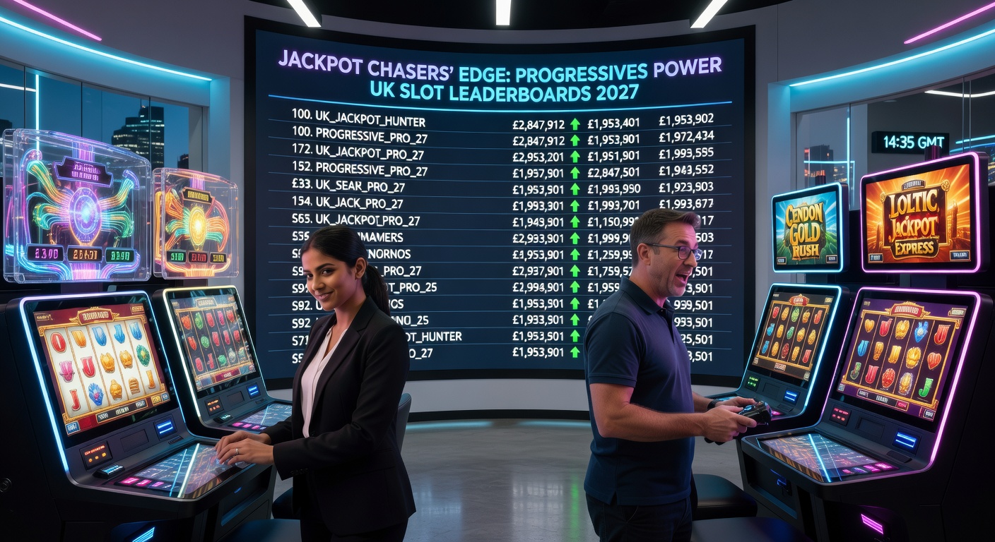 Dynamic leaderboard graphic displaying top progressive slot players with massive jackpot wins highlighted against a backdrop of cascading coins and neon lights