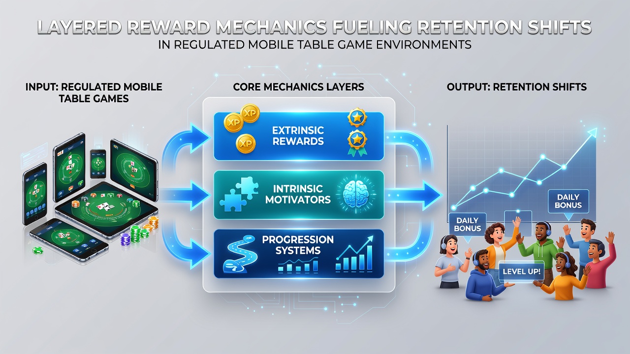 Analytics dashboard displaying retention curves and reward layer engagement statistics for mobile table games