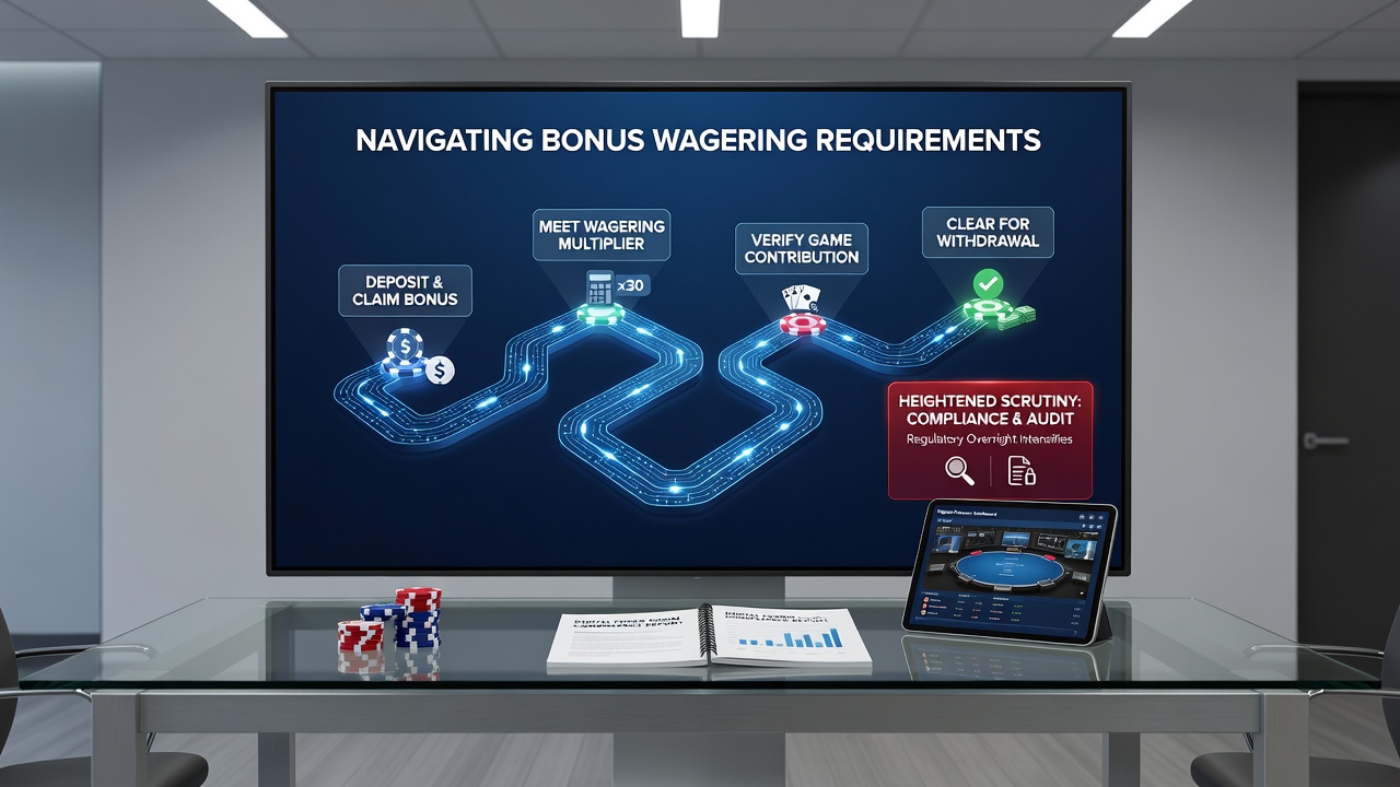 Player reviewing wagering requirement dashboard on a mobile poker app with progress bars and eligible game filters