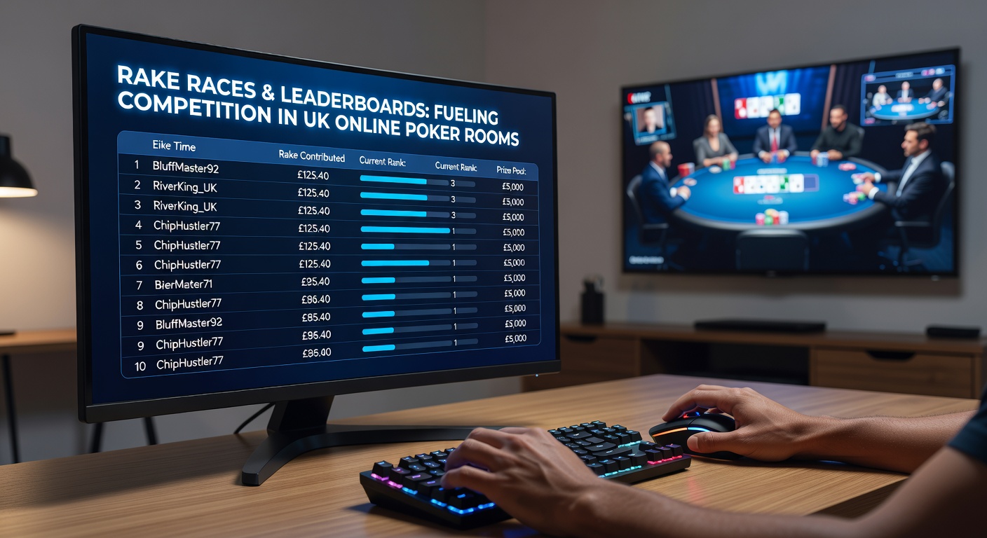 Dynamic online poker leaderboard showcasing top rake race contenders with prizes on display