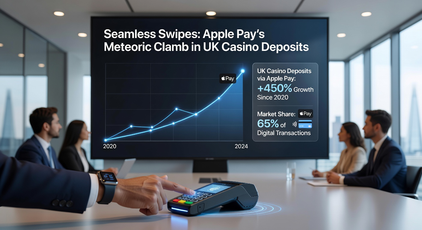 Graph illustrating Apple Pay deposit growth trajectory in UK casinos from 2024 to March 2026, with upward spiking lines against a backdrop of casino icons