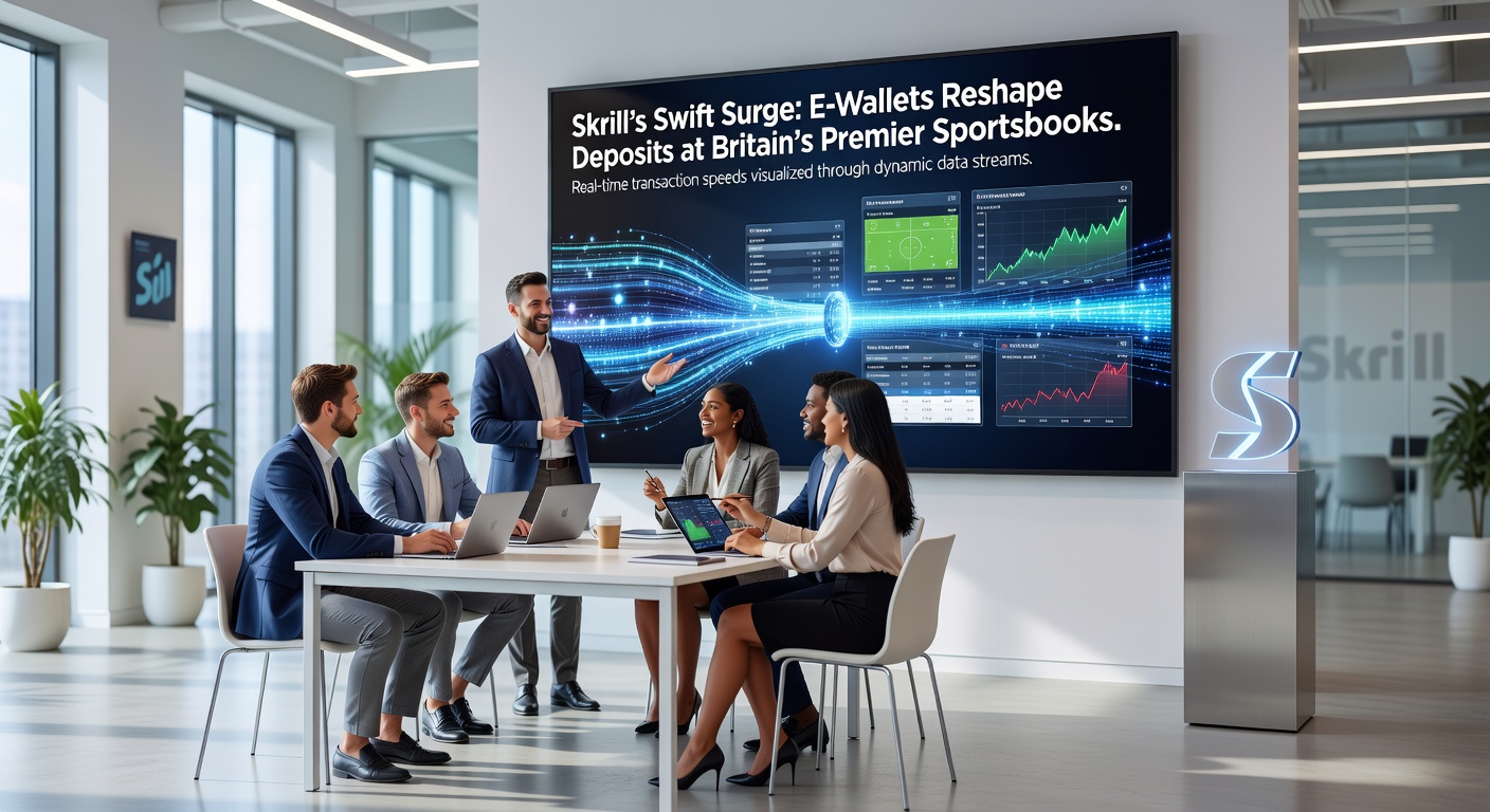 Infographic comparing e-wallet deposit speeds and volumes at UK sportsbooks, featuring Skrill's upward arrow amid bar charts for Neteller, cards, and bank transfers