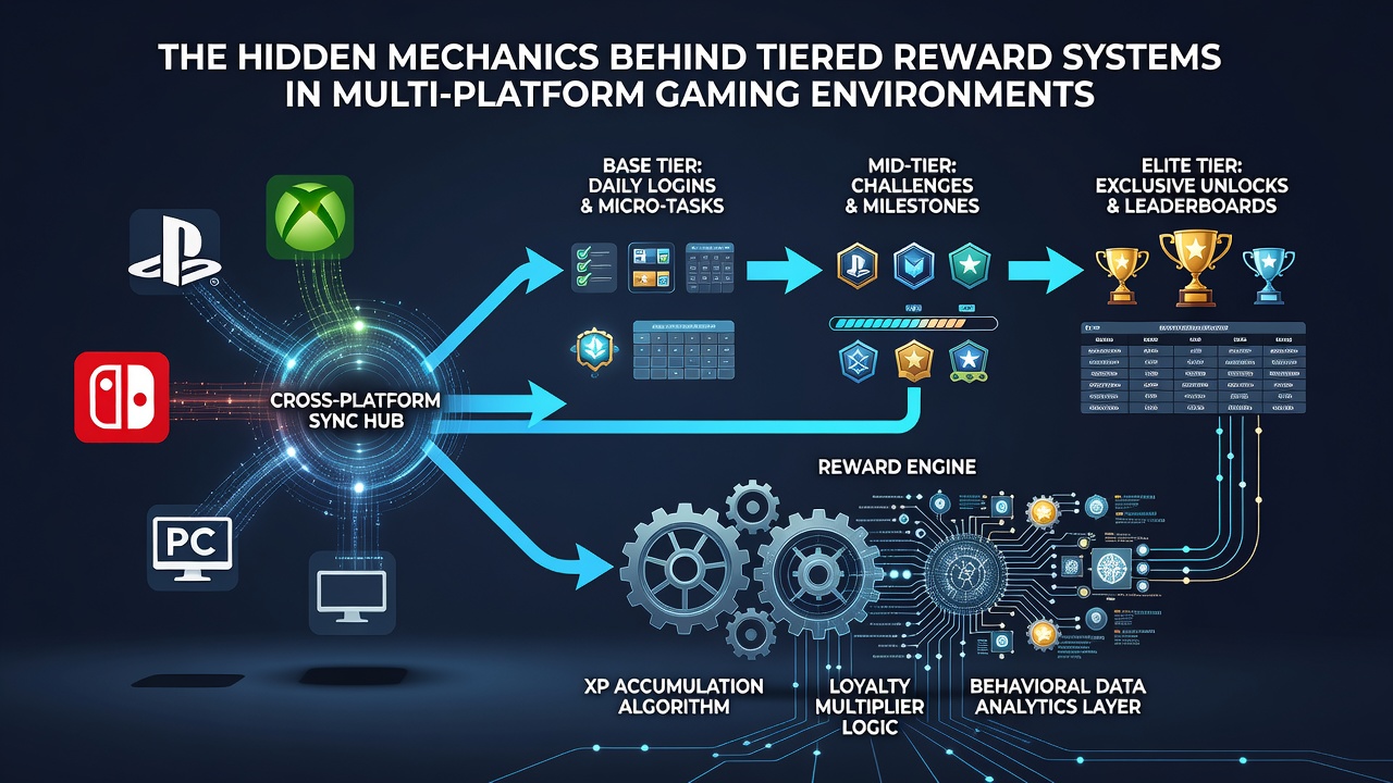 Illustration of backend algorithm flow for calculating tier eligibility and reward distribution in multi-device gaming setups