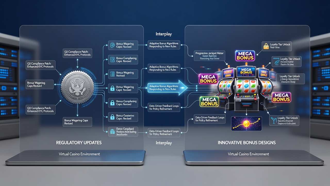 Visual representation of evolving bonus mechanics in virtual slots and table games with compliance overlays